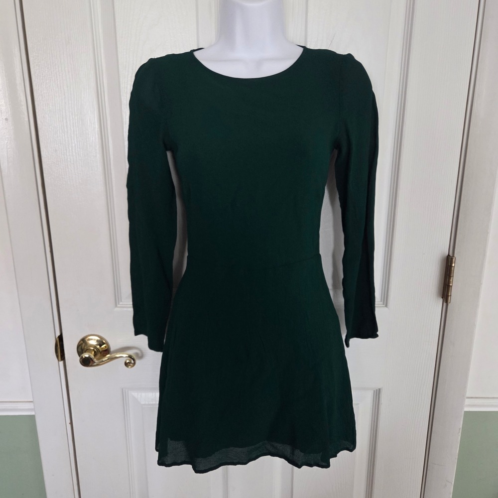 Reformation 4 Emerald Green Long Sleeve Crepe Mini Dress Fit Flare Minimalist‎